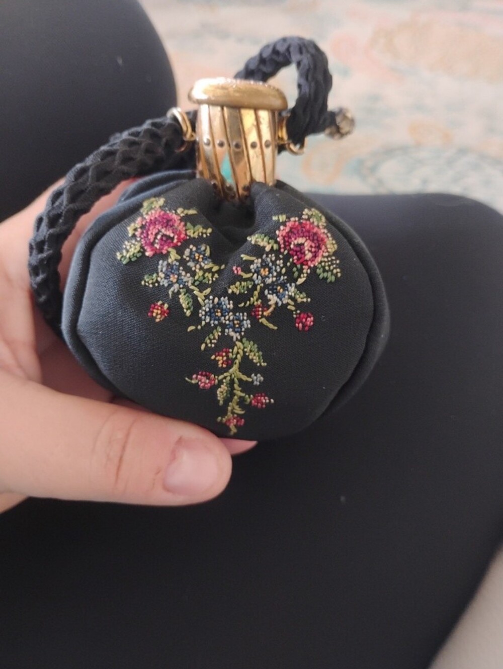 Black Floral Embroidered Wristlet Cosmetic Pouch